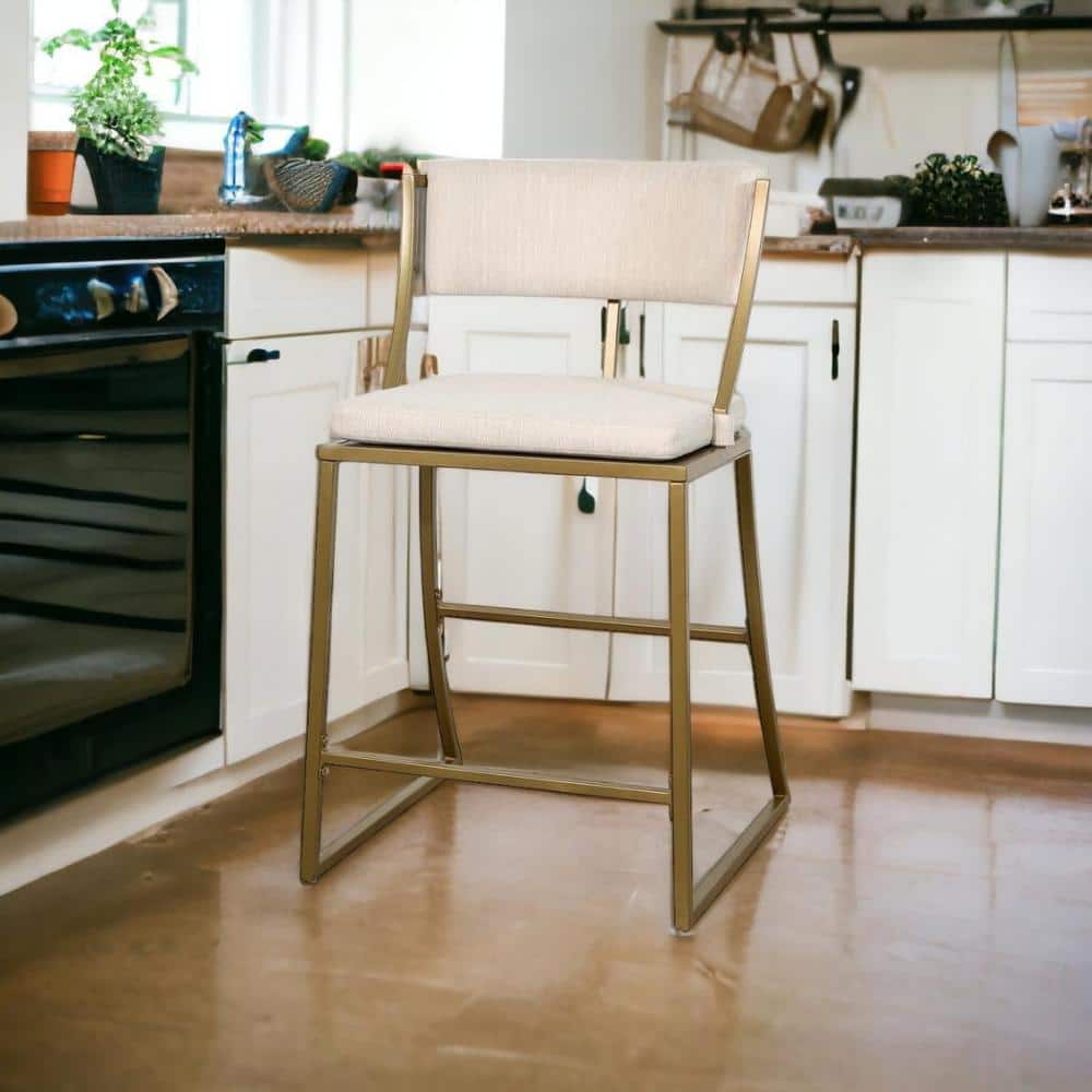 Mina 25" Antique Brass Counter-Height Metal Bar Stool with White Upholstery