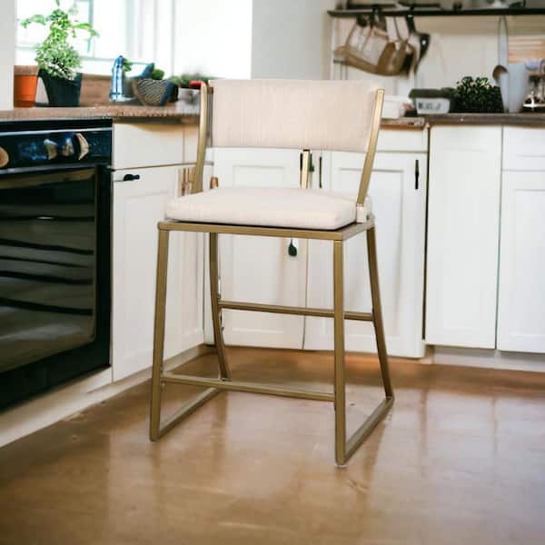 25 in. Antiqued Brass Low Back Metal Counter Height Bar Chair with Upholstery Seat