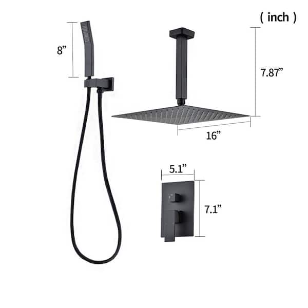 Single Handle 2-Spray Ceiling Mounted 16 in. Shower Head with Hand Shower Faucet in Matte Black(Valve Included)