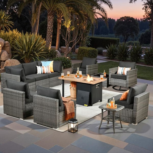 Toject Sanibel Gray 11-Piece Wicker Outdoor Patio Conversation Sofa Sectional Set with a Storage Fire Pit and Black Cushions