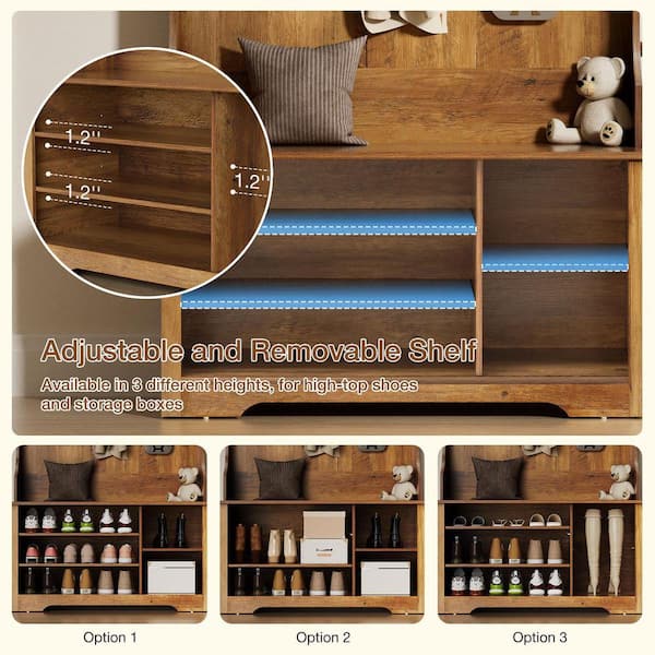 Hommpa Farmhouse Brown 39.4 in. W Hall Tree with LED Light Strip