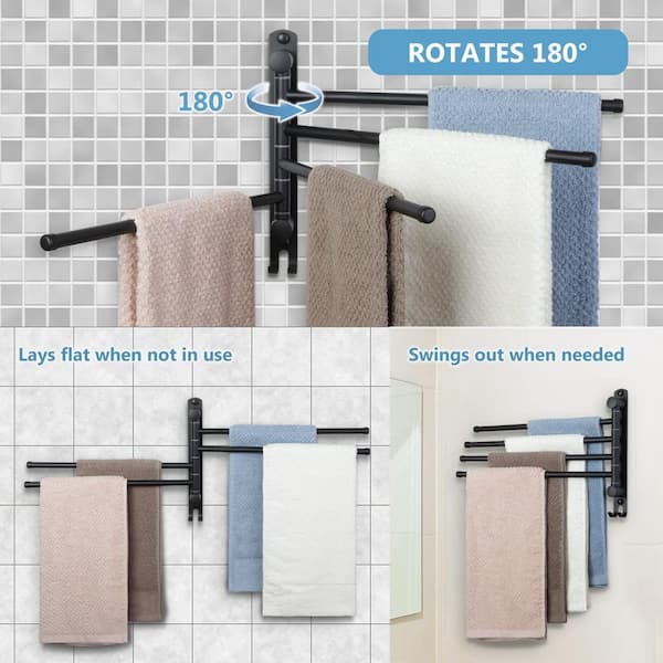 Towel Rack Swivel Towel Bar 15 inch Wall-Mounted SUS 304 Stainless Steel  Towel Holder 4-Bar Bathroom Hand Swing Hanger Towel Racks Space Saving