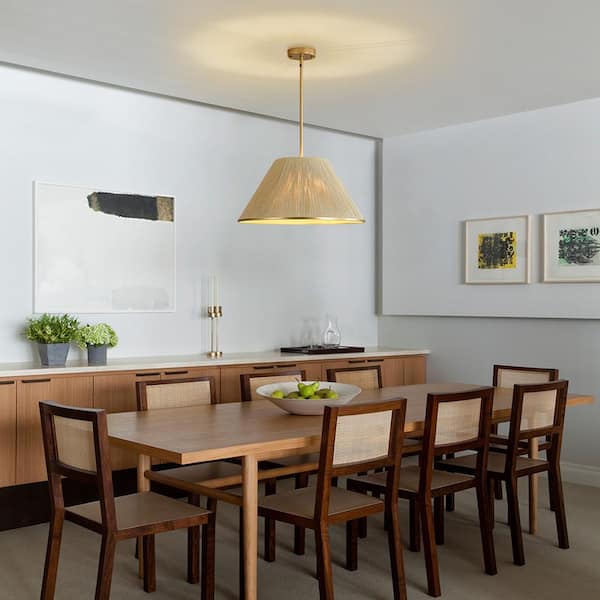 Haven 1 Light Brass Boho Rattan Pendant Light with Drum Shape Coastal Style for Dining Rooms and Kitchen Islands