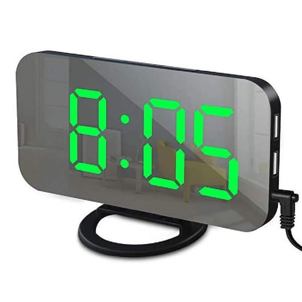 Afoxsos Black-Green Digital LED Alarm Clock Mirror 2 USB Charger Ports Night Light LED Table Clock Snooze Function Desk Clocks