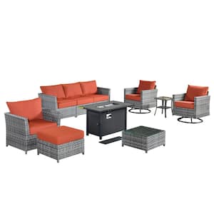 Eufaula Gray 10-Piece Wicker Patio Fire Pit Conversation Sofa Set with Swivel Rocking Chairs and Orange Red Cushions