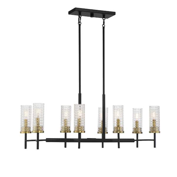 Savoy House Marcello 38 in. W x 14 in. H 8-Light Black and Warm Brass Linear Chandelier with Ribbed Glass Shades
