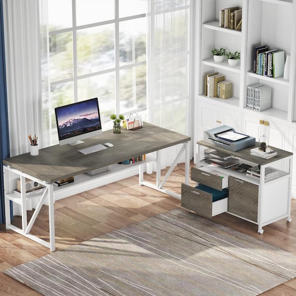 BYBLIGHT Lanita 63 in. L Shaped Desk Light Gray Engineered Wood 2 Drawer Computer Desk with File Cabinet
