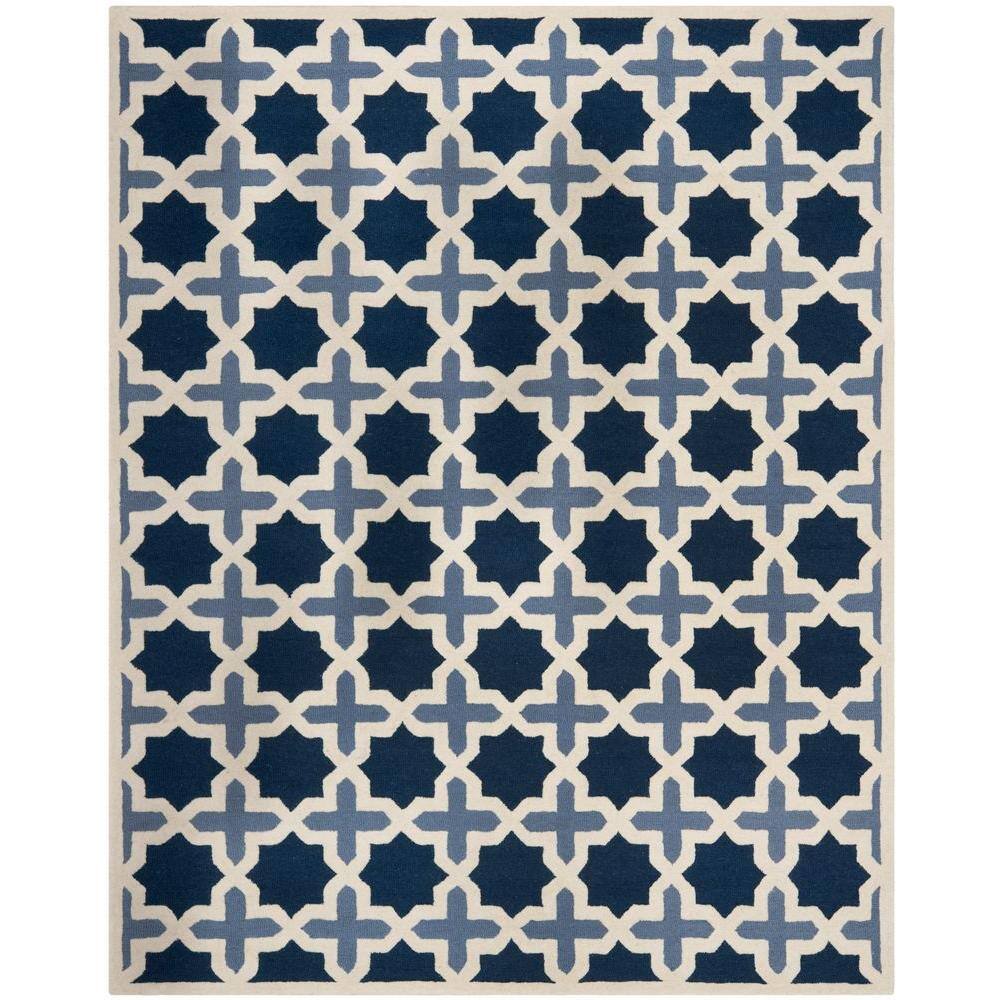 Handmade Blue and Ivory Wool Geometric Area Rug, 10' x 14'