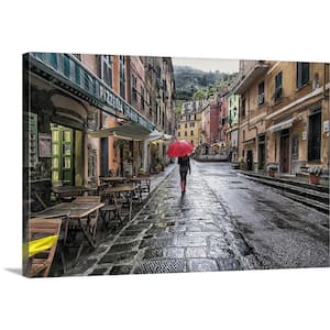 "Woman with red umbrella in the rain in Vernazza, Italy" by Scott Stulberg Canvas Wall Art