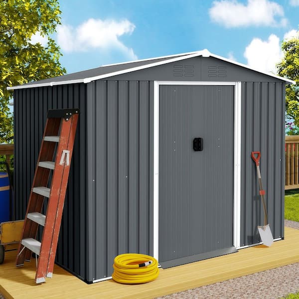 8 ft. x 6 ft. Outdoor Metal Storage Shed Tool Home with Foundation and Lockable Doors for Garden, Lawn, Gray(43 sq. ft.)