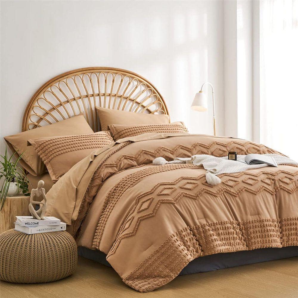 Boho 7-Piece Khaki Soft Microfiber Queen Comforter Set Bed in a Bag for ...
