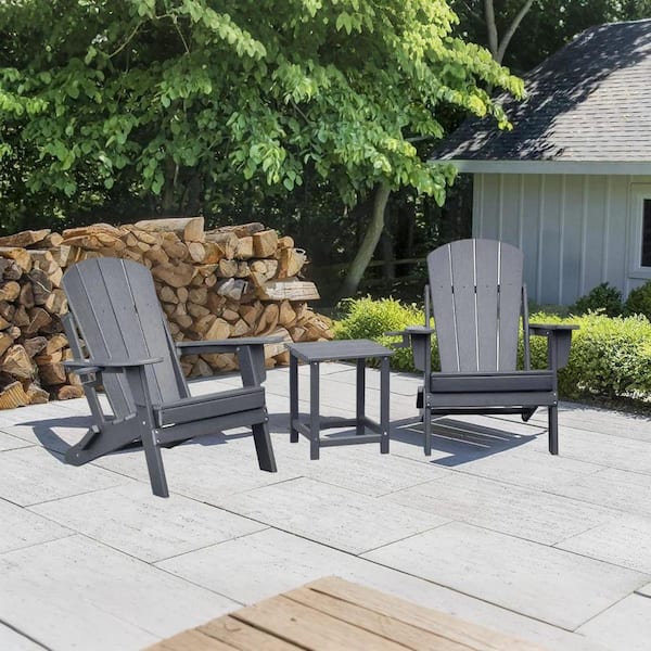 Folding Adirondack 3-Pack (2 Chairs Included), Gray Textured HDPE, Portable Outdoor Chairs with Side Table.