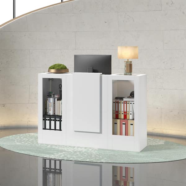 59.1 in. W Rectangle White Wooden Computer Desk, Writing Desk with 6 Glass Display Shelves, A Keyboard and LED Lights