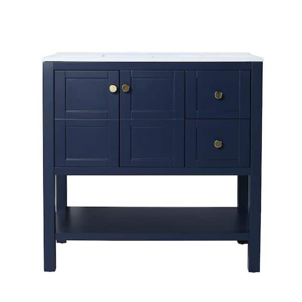 MYCASS 35.60 in. W x 18.10 in. D x 35.10 in. H Freestanding Bath Vanity in Navy Blue with Single White Gel Sink Top