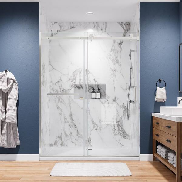 WYonder 60 in. W x 75 in. H Sliding Semi Frameless Shower Door in Brushed Nickel with 5/16 in. (8 mm) Clear Glass