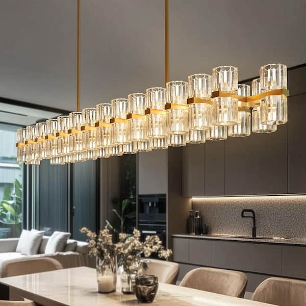 53 in. 60-Light Gold Rectangular Crystal Chandelier for Living Room, Dining Room, Foyer