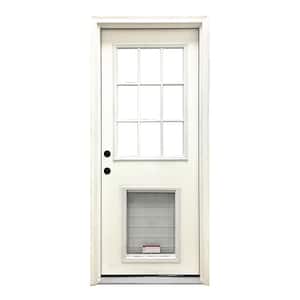 36 in. x 80 in. Classic White Primed RHIS 9 Lite Clear Fiberglass Prehung Front Door w/ SL Pet Door
