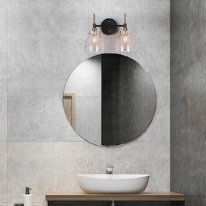 13 in. 2-Light Black Bathroom Vanity Light, Modern Farmhouse Bath Lighting, Brass Gold Wall Sconce with Clear Glass