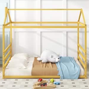 Gold Metal Frame Queen Size House Shape Platform Bed, Floor Bed