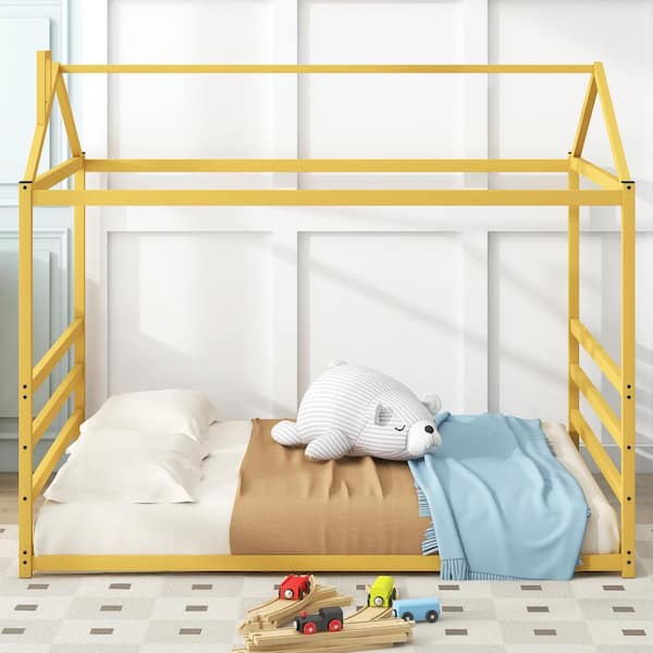 Harper & Bright Designs Gold Metal Frame Queen Size House Shape Platform Bed, Floor Bed
