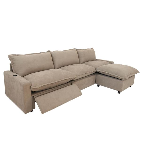 116.14 in. Square Arm 4-piece Linen L-Shape Convertible Sectional Sofa with Electric Recliner, Heated Cushion in Brown