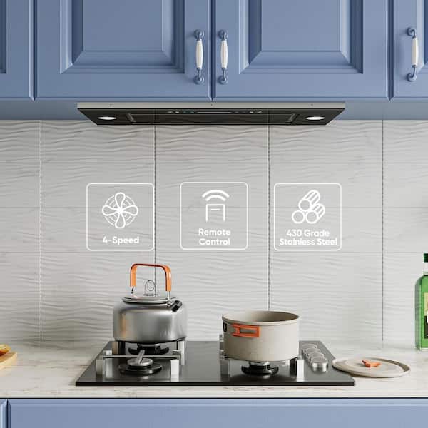 36 in. 900CFM Convertible Insert Range Hood in Stainless Steel and Black Glass with 4-Speed, Low Noise and LED Lights