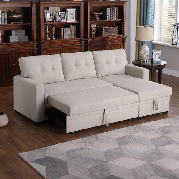 82 in. Modern Beige Linen Upholstered Pull out Twin Size Sectional Sofa Bed with Storage Chaise