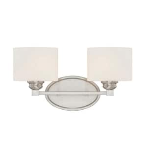 Kane 16 in. W x 8.5 in. H 2-Light Satin Nickel Bathroom Vanity Light with Etched Glass Shades