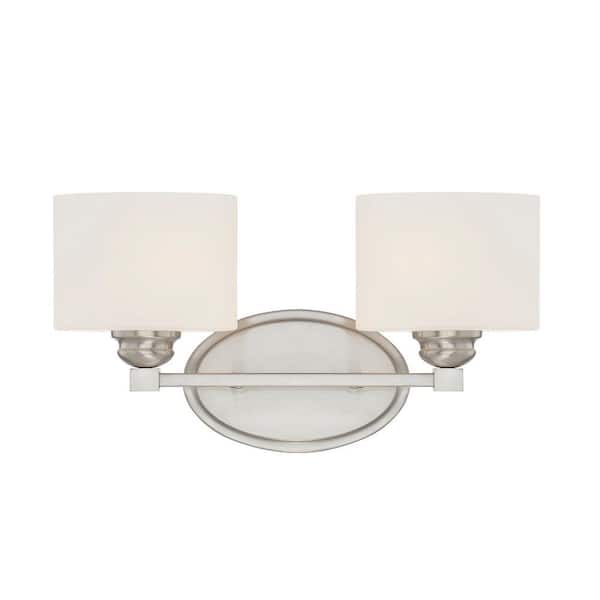 Savoy House Kane 16 in. W x 8.5 in. H 2-Light Satin Nickel Bathroom Vanity Light with Etched Glass Shades