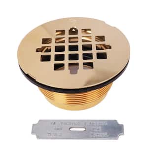 2 in. No-Caulk Brass Compression Shower Drain with 4-1/4 in. Round Grid Cover, Polished Brass