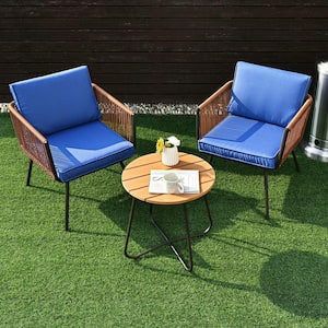 3-Piece Patio Wicker Conversation Bistro Furniture Set Sofa Armrest Coffee Table with Blue Cushions