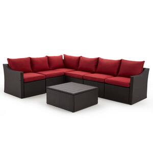 Modern 7-Piece Wicker Patio Conversation Set with Burgundy Cushions