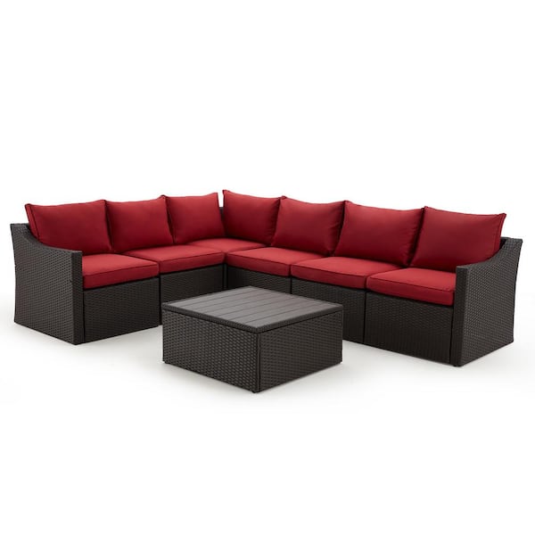 Unbranded Modern 7-Piece Wicker Patio Conversation Set with Burgundy Cushions