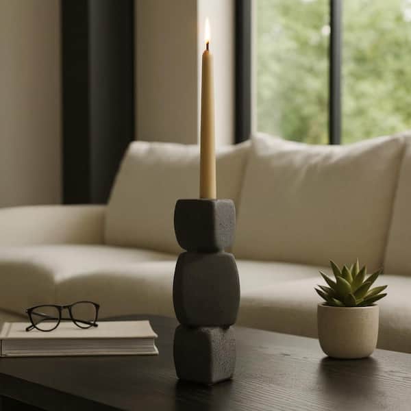 9 in. Black Stoneware Stacked Objects Taper Candle Holder