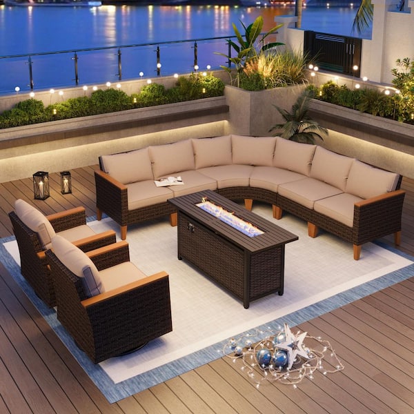 PHI VILLA Brown Rattan Wicker 8-Seat 9-Piece Steel Outdoor Fire Pit Patio Set with Beige Cushions and 2 Swivel Sofas