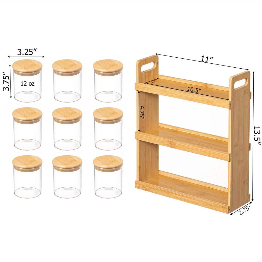 Natural Bamboo 3-Tier Spice Rack with Clear Glass Jars