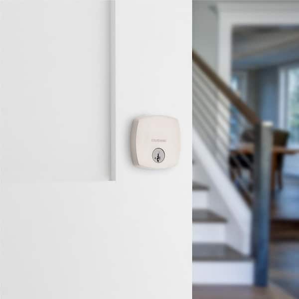 Midtown Satin Nickel Single Cylinder Single Side Deadbolt with Soft Modern Rose featuring SmartKKey Security