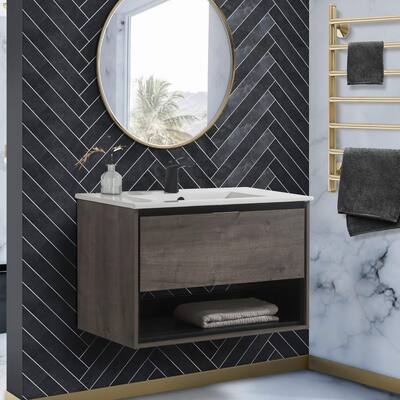 30 in. W x 18 in. D Bath Vanity in Plaid Grey Oak with Vanity Top in White with White Basin