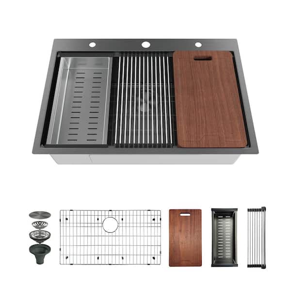 33 in. Drop-in 3-Hole Single Bowl 16-Gauge Gunmetal Black Stainless Steel Workstation Kitchen Sink with Full Accessories