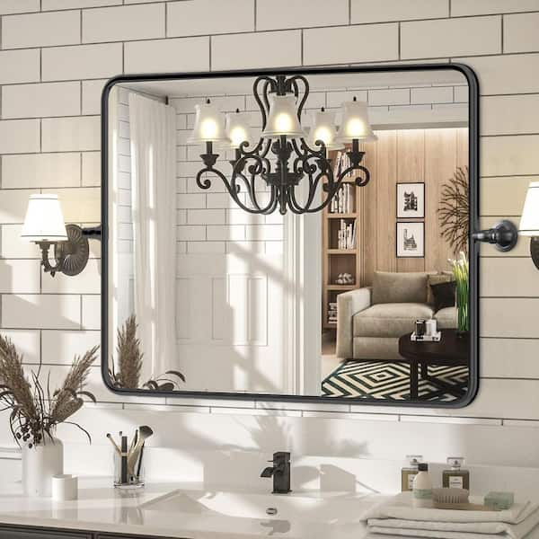 30 in. H x 40 in. W Modern Rectangular Black Stainless Steel Frame Round Corner Adjustable Vanity Mirror Wall Mirror