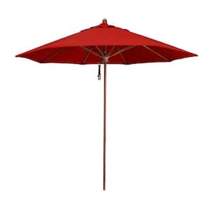 9 ft. Woodgrain Aluminum Commercial Market Patio Umbrella Fiberglass Ribs and Pulley Lift in Jockey Red Sunbrella