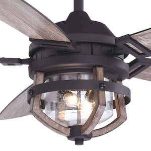 Barnes 54 in. Matte Black and Rustic Oak Farmhouse Outdoor Ceiling Fan with Light Kit and Remote