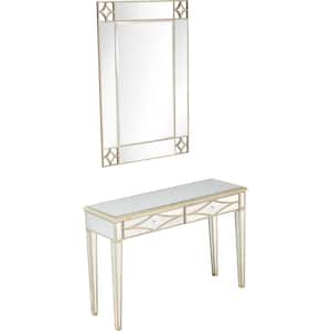 Huxley Wall Mirror 48 in. Champagne Rectangle Mirrored Glass Console Table with Drawers