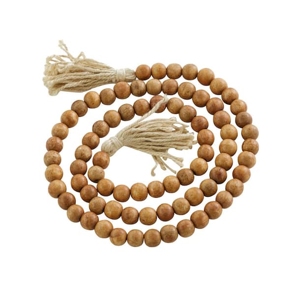 Litton Lane 80 in. Brown Handmade Mango Wood Round Long Carved Beaded Garland with Tassel