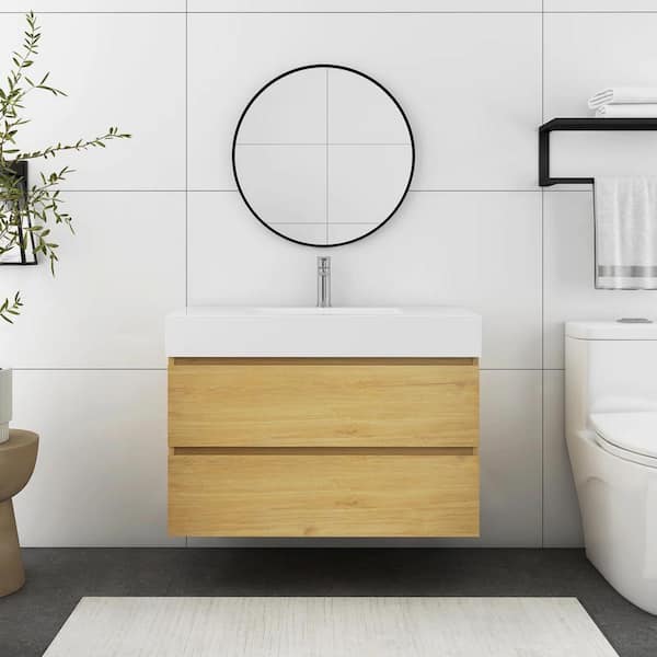 36 in. W x 18 in. D x 25 in. H Single Sink Floating Bath Vanity in Natural Oak with White Cultured Marble Top