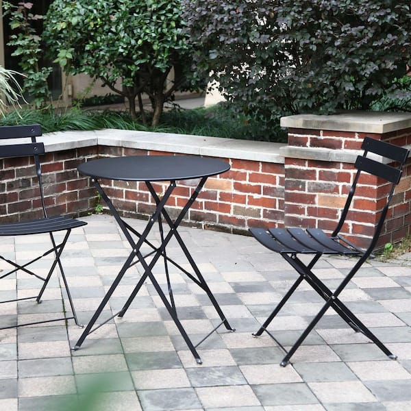 3-Piece Metal Patio Bistro Set Round Folding Table and Chairs Set Iron Conversation Coffee Table Set for Backyard, Black