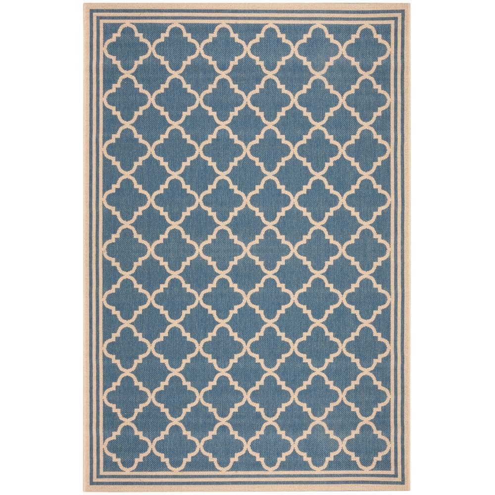 Cream and Blue Geometric Easy-Care Outdoor Area Rug, 5'3" x 7'6"