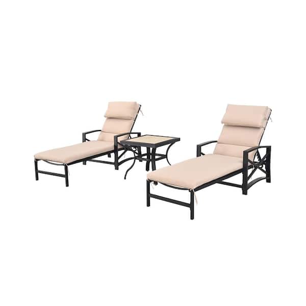Patio Festival 3-Piece Metal Outdoor Chaise Lounger with Beige Cushions