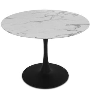 40 in. x 40 in. Round Black Pedestal Faux Marble Dining Table for 4