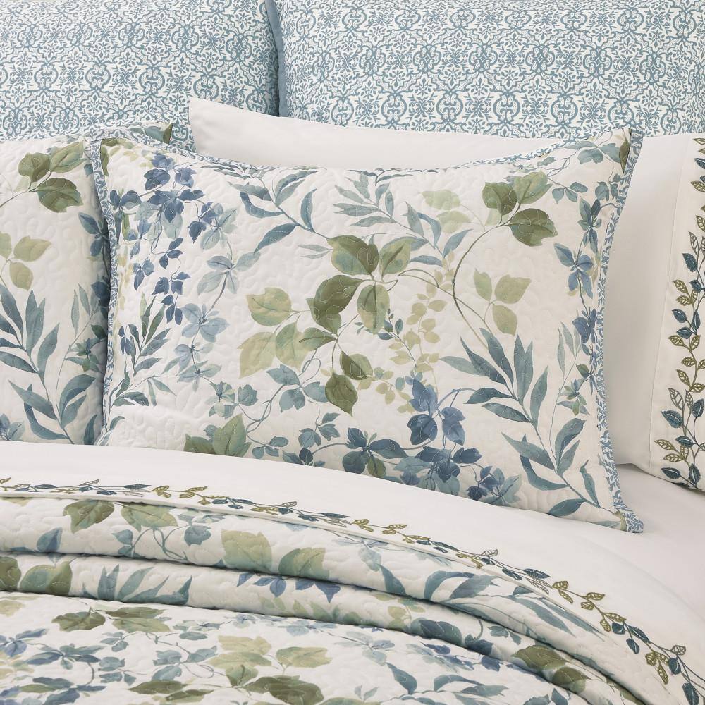 Blue Botanical Leaf Reversible Microfiber King Quilt Set